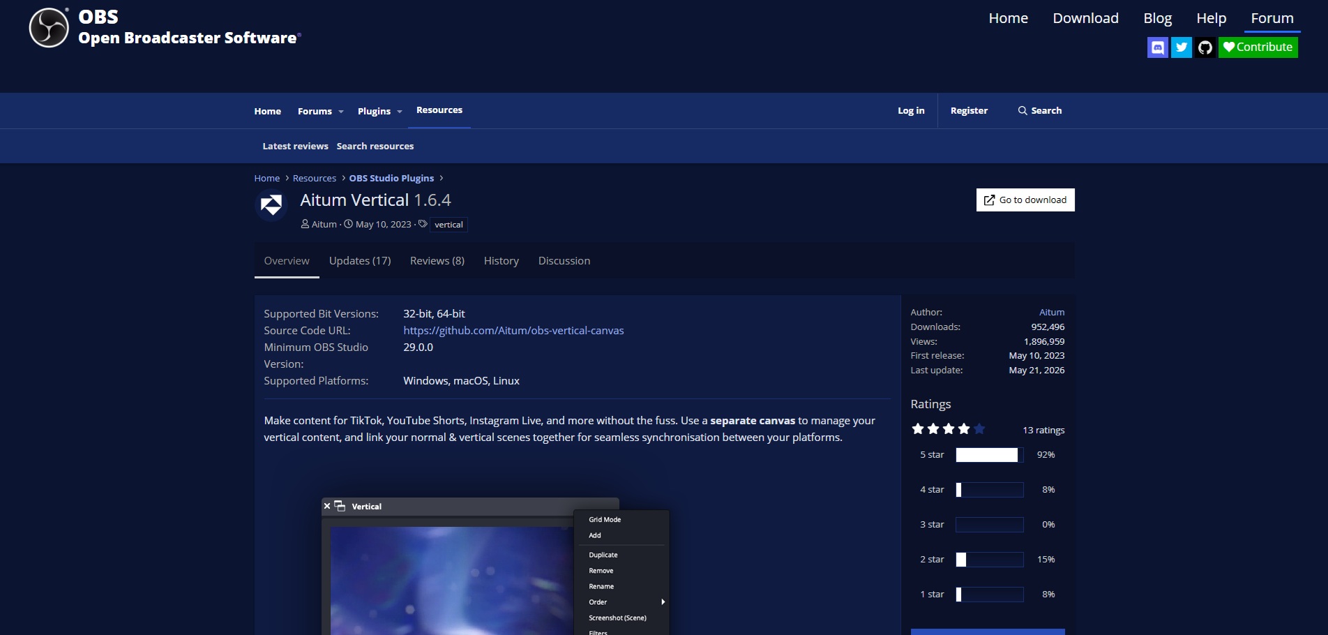 Официальная страница Aitum Vertical на OBS Project