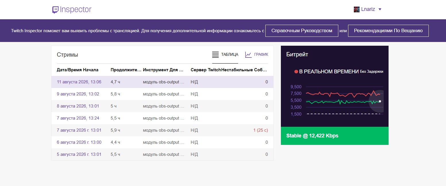 Запуск тестовой трансляции Twitch Inspector с параметром bandwidthtest true