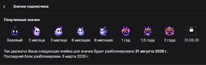 Собственные значки подписчиков Lnariz за разные сроки подписки на Twitch