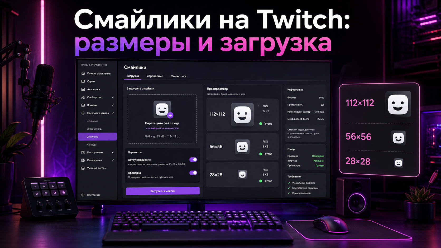 Смайлики на Twitch — размеры и загрузка собственных эмоций