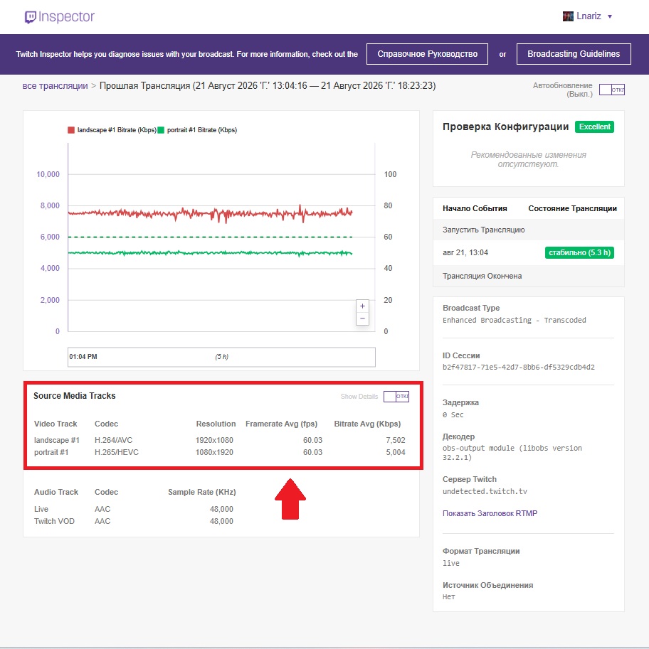 Горизонтальная и вертикальная видеодорожки Dual Format в Twitch Inspector