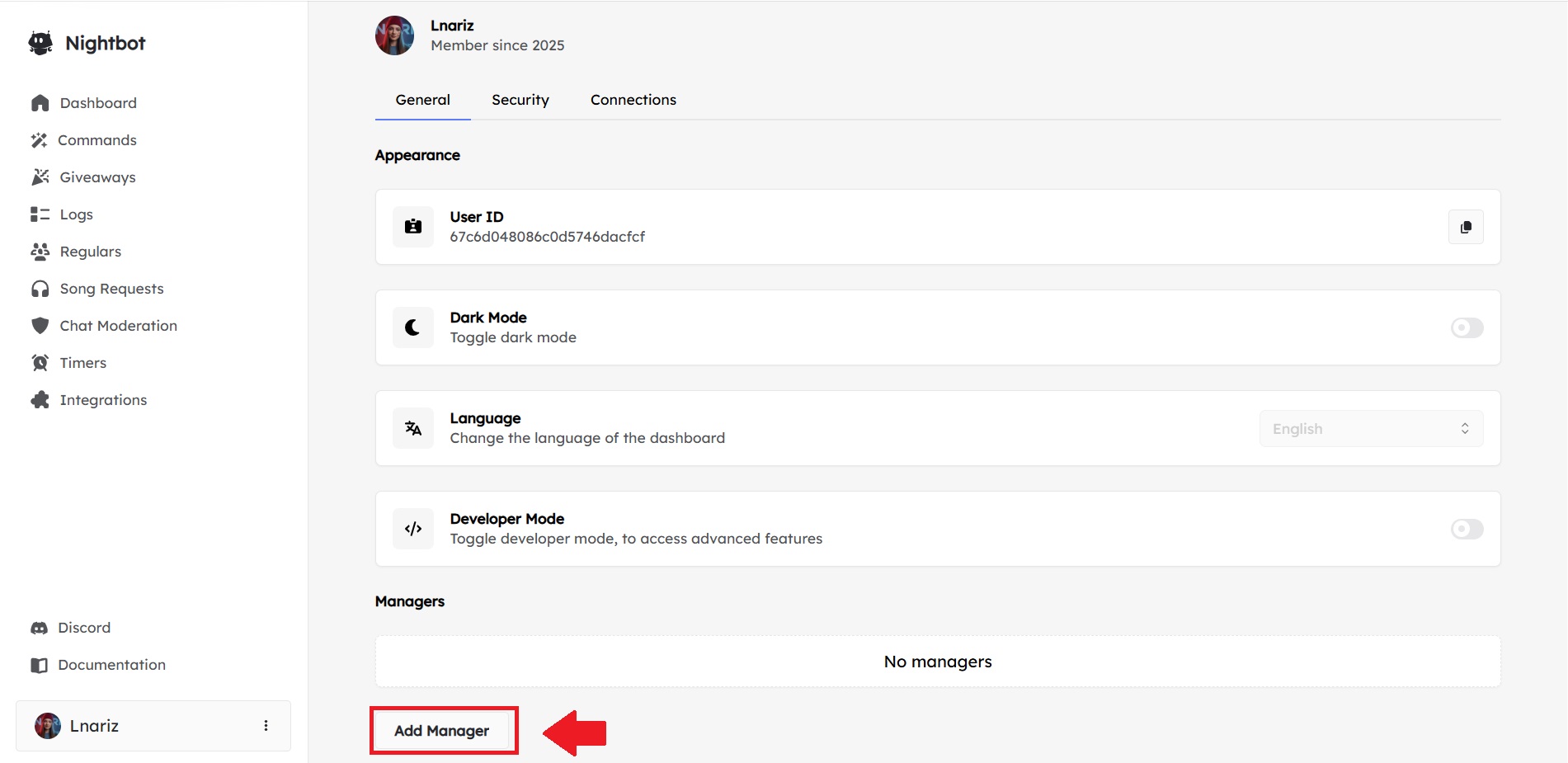 Раздел Managers в панели управления Nightbot